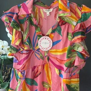 Umgee Pink Tropical Ruffle Midi Dress